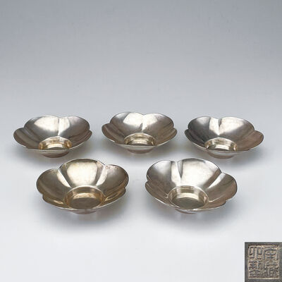 秦蔵六 純銀 梅花式 茶托 5客 約500ｇ 共箱 1903年
