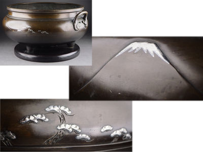 【夢工房】時代宣徳銅富士松原銀象嵌雨龍耳三足瓶掛　4.2ｋｇ　丑-5