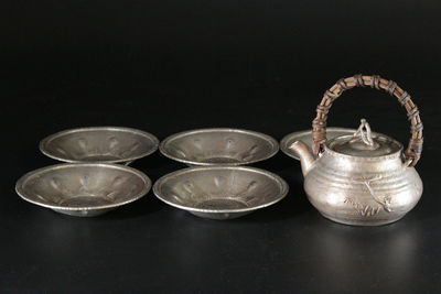 藤編錫製茶瓶一客 茶托五客