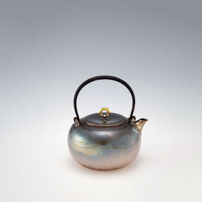 北村静香造　金環摘南鐐平丸形湯沸　鉄之釣　環摘金39％（共箱）