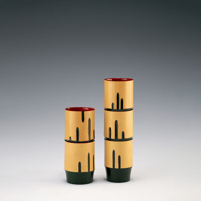 赤緑彩竹盃5客（箱付）