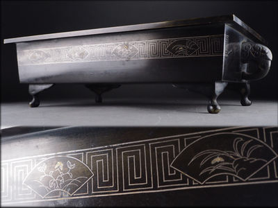 【夢工房】時代宣徳銅四君子雷紋象嵌霊芝耳水盤　5.2ｋｇ　辰-21