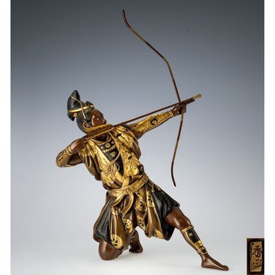 弓引武士金工銅置物