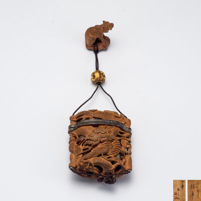 龍 白檀印籠 在銘·虎 根付（共箱）