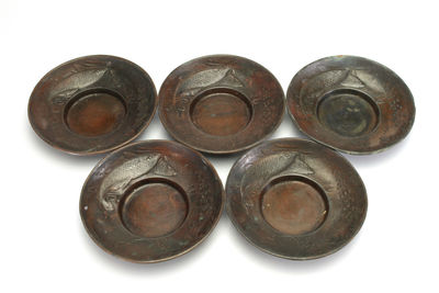 純銅鯉魚藻游茶托五客