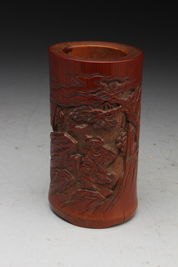 清 老竹根浮雕松下老人童子紋筆筒 箱附