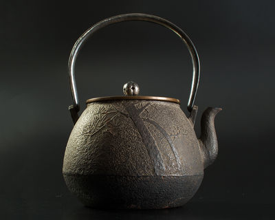 光玉堂造 平打銀提手摘象嵌松文廣口鉄瓶 箱付