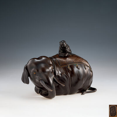 凌豊造 童乘瑞象 金銀象嵌香炉（木箱）