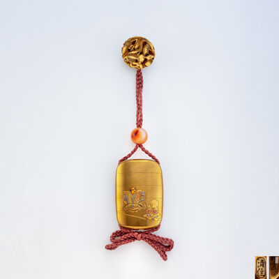 松花斎 芝山作 武士図 金蒔絵象嵌印籠「清住」根付（木箱）