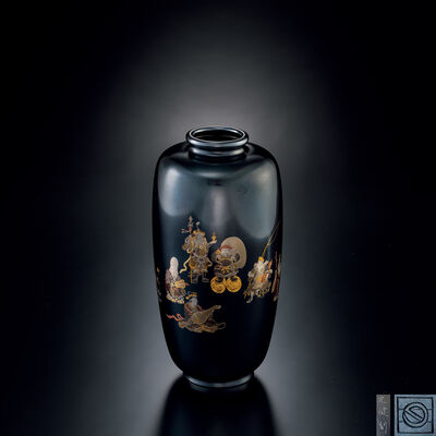 光健刻 赤銅地七福神金銀象嵌花瓶