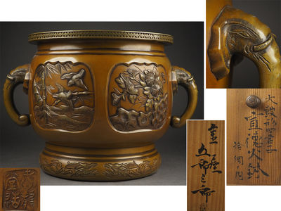 【夢工房】壷龍堂金屋五郎三郎造鳥四君子図宣徳銅太鼓形火鉢共箱　丙-10