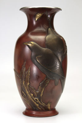 素銅 蒔繪象嵌枝葉鳥紋花瓶
