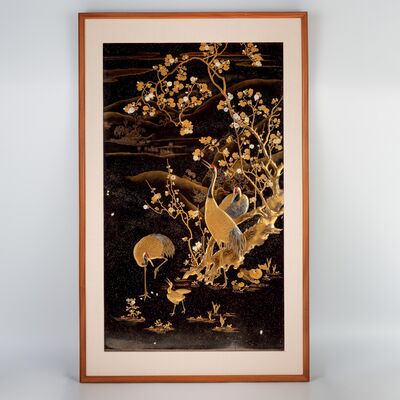 芝山象嵌草花鶴蒔絵額（箱付）