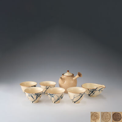 初代伊東陶山造　竹画煎茶器組（共箱）