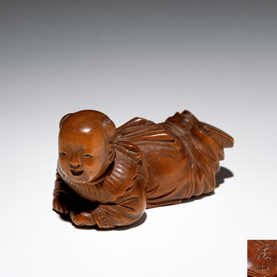 法山銘　黃楊木彫唐子根付