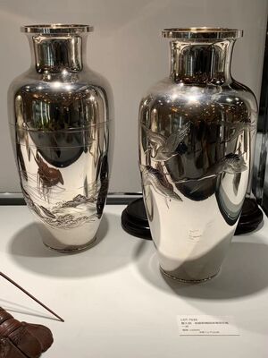 L7039　豐久刻 純銀群鶴図波濤図花瓶一對