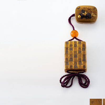 紫水銘　百寿蒔絵印籠　根付銘有（木箱）