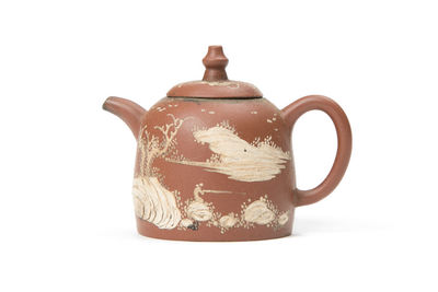 清「逸公」款 紫泥泥絵山水詩文紋 小茶壺