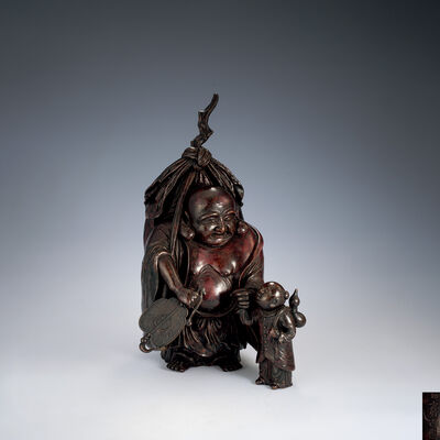 三代琢斎造 斑紫銅 布袋置物（共箱）