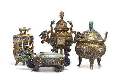 中國銀 七寶象嵌蛟龍仙鶴写 四件組