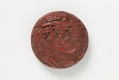 明 剔紅雕 舟人物紋 圓盒