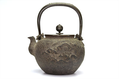 亀文堂造 淡海形　山水家屋象嵌飛鳥取手 鉄瓶