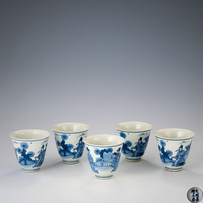 大明嘉靖年製款 青華人物茶盃五客（藏箱）