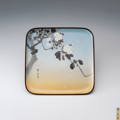 涛川惣助＆渡辺省亭　山桜花文粉彩七宝方盆（箱付）