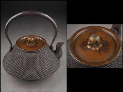 【夢工房】時代斑紫銅蓋霰紋富士形鉄瓶　　壬-3