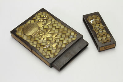 蟲草紋象嵌 編織模樣 骨彫竹寫盒