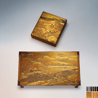 平安輝弥作 家屋山水蒔絵御文台·御硯箱（各共箱）