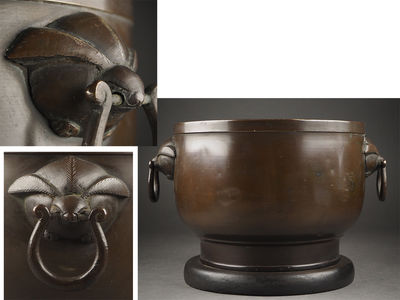 【夢工房】時代宣徳銅遊環兎耳火鉢　丁-8