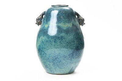 清「葛明祥製」款 宜興 海鼠釉 獣耳大瓶