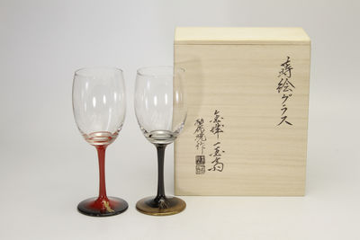 金城一國齋 在銘 蒔繪高腳杯一對（共箱）