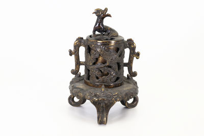 耕閑作 金紫銅麒麟香爐（共箱）