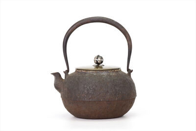 龍文堂造 日丸形銅蓋銀果摘巖肌鉄瓶