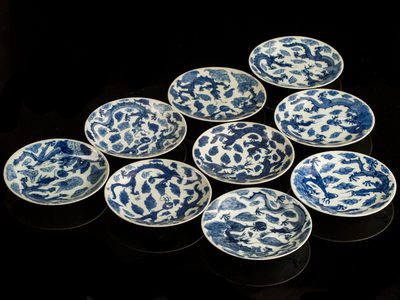 084-「道光年製」染付雲龍紋皿九客