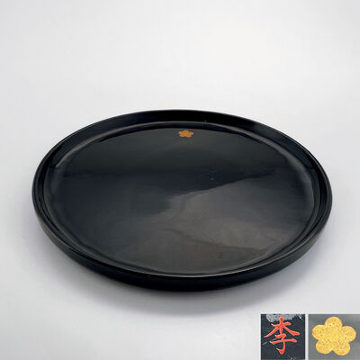 李王家旧物 「李」朱書 李王家御紋付 黑塗丸形盆
