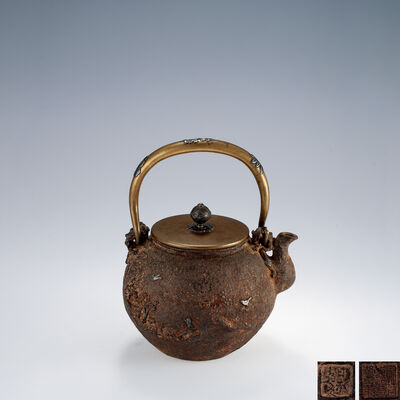 亀文堂 波多野正平造 山水盛上地紋鉄瓶 在銘 「家拙日本琵琶湖之東」（箱付）