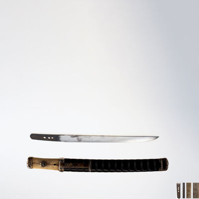 備州長船祐定銘　短刀　黒塗印籠鞘合口拵　認定書付（箱付）
