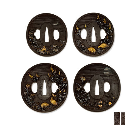 鈴木勝容花押　鉄地高彫色絵秋草鶉鐔一対　刀剣保存協会認定書付（二重箱）