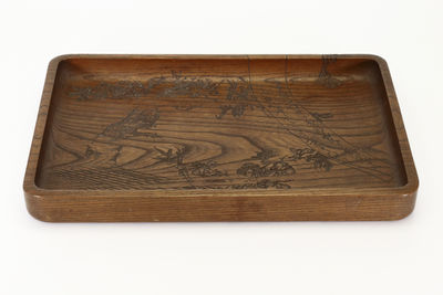 明治期 國光刻 桜彫四方盆 在銘