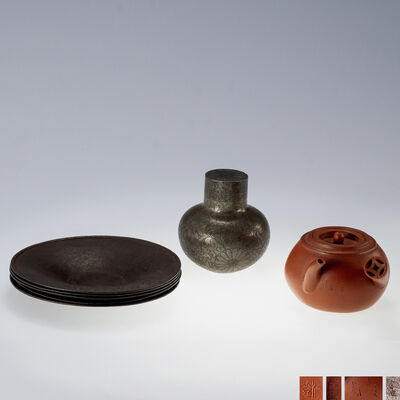 淡然斎款 横手紫砂壺·黒瀬宗世作 鉄打出茶托五客·壺形花草紋茶入（其一共箱）