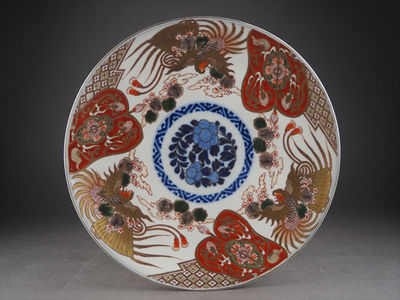 【夢工房】古伊万里錦軍配鳳凰図尺皿・江戸後期　径31㎝　辰-59