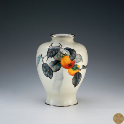 安藤重兵衛作　柿樹図七宝花瓶（箱付）