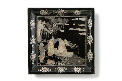 明 黒漆嵌螺鈿 人物紋 方盤