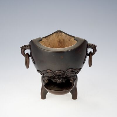 銅 鬼面双耳三足凉炉（箱付）