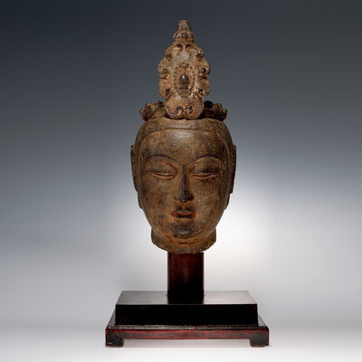 時代物　菩薩頭像置物　台付