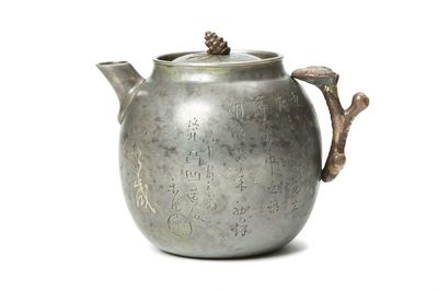 「後藤一乗」造 朧銀錯金銅 刻詩文紋霊芝手 茶壺