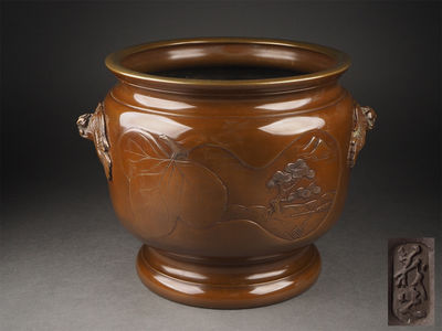 【夢工房】義光造宣徳銅波鶴亀富士松原図鳳凰耳火鉢箱入　丁-4